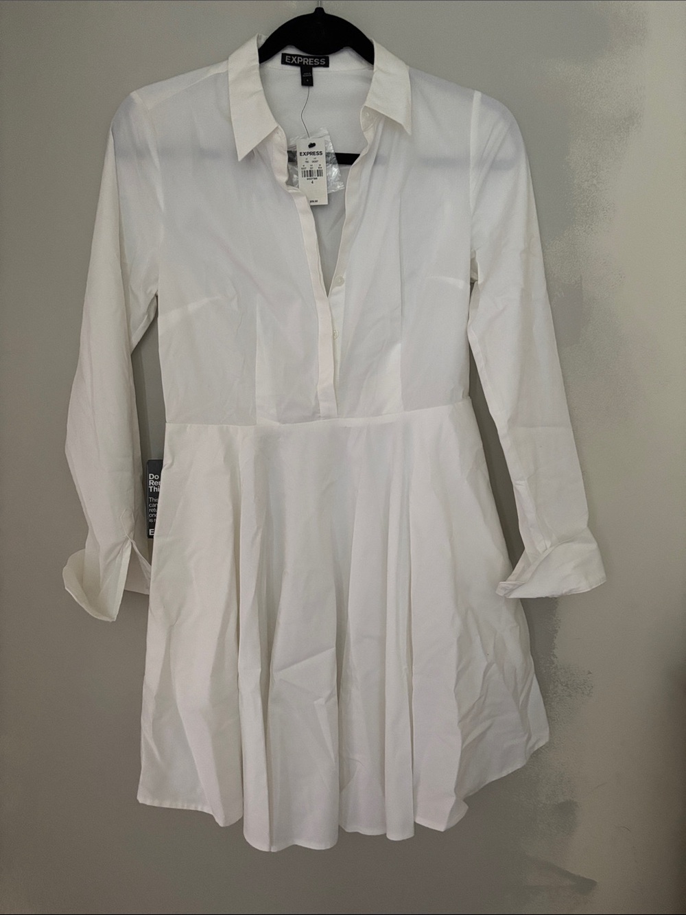 Express White Long-Sleeve Collared Fit & Flare Dress